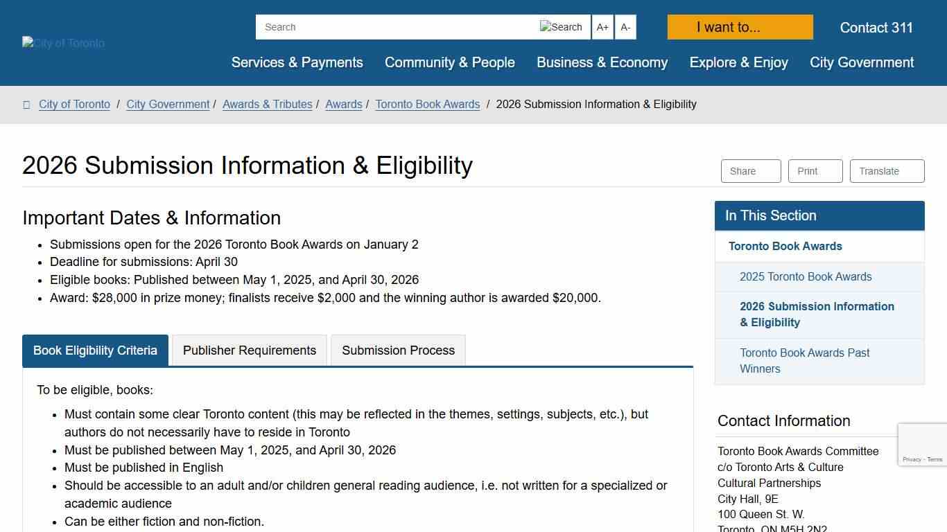 2026 Submission Information & Eligibility – City of Toronto